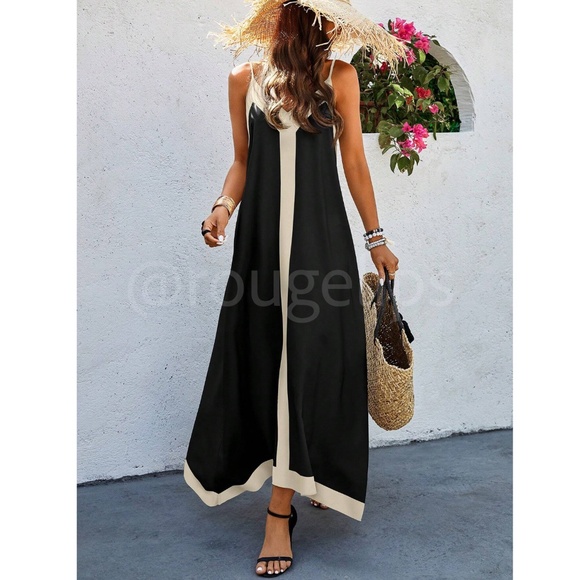 Black Maxi Dress Beige Trim V-Neck Cami A-Line Loose Flared Fit - Picture 3 of 6